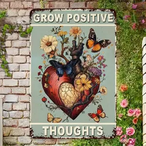 1pc 2D Flat 8x12 inch Heart Inspirational Quotes Metal Sign, Grow Positive Thoughts Motivational Poster Sign for Home Classroom Home Office  Cafe Wall Decor Remembrance Gifts