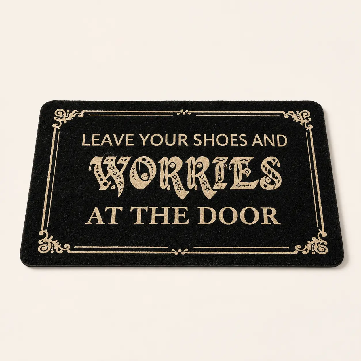 Vintage Black Welcome Doormat, “Leave Your Shoes and Worries at the Door” Quote Floor Mat, Decorative Entryway Rug for Front Door, Porch and Hallway, Quote Text, Rectangular