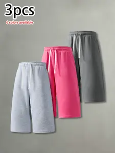 Pack of 3 men’s casual shorts: seven-eighths length shorts with a simple drawstring waist; summer everyday versatile loose athletic fitness shorts for men.summervibes
