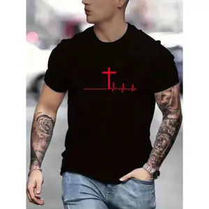Men's T-Shirt with Cross Pulse Print - Knit Polyester Blend Crew Neck Tee, Regular Fit with Slight Stretch, Breathable Comfort - Seasonal Top for MenT-shirt Tee Shirt Men