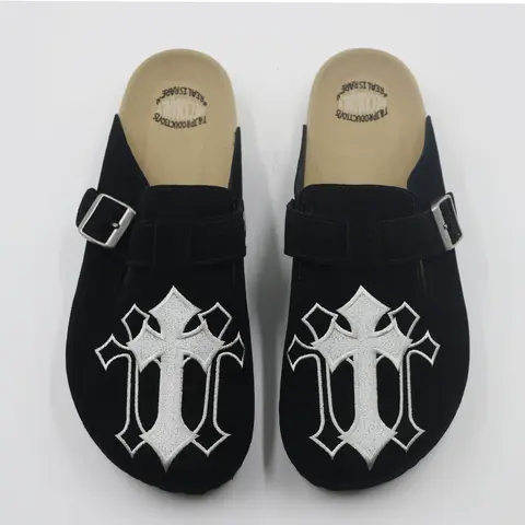 MECKMANLY Men's Gothic Luxe Soft Suede Ankle Walking Clogs - Black Round Toe Minimalist Closed-Toe Flats, Arch Support, Cork Footbed, Adjustable Metal Buckle, All-Season EVA Sole