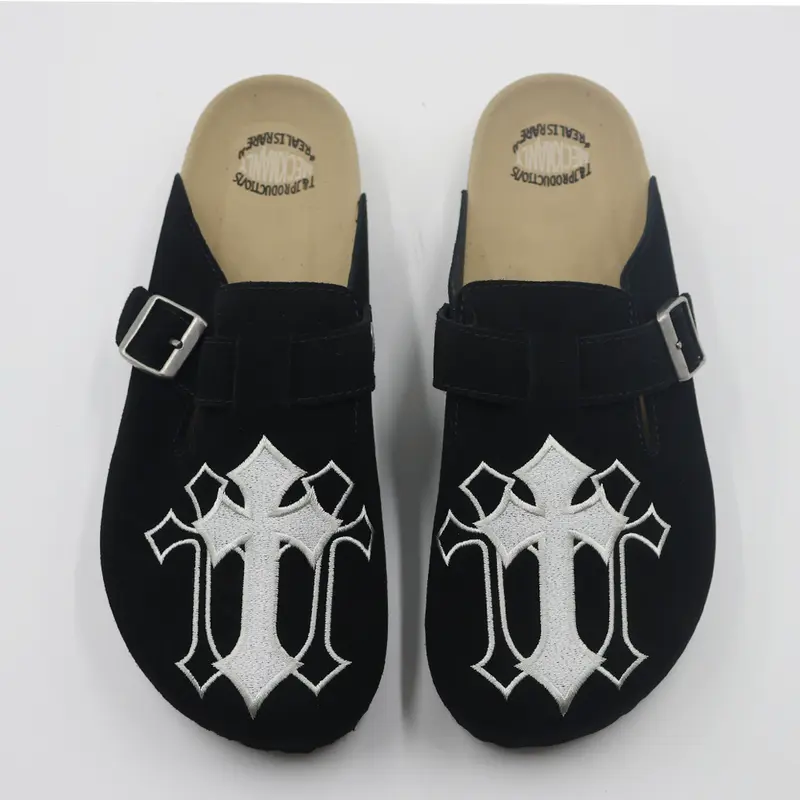 MECKMANLY Men's Gothic Luxe Soft Suede Ankle Walking Clogs - Black Round Toe Minimalist Closed-Toe Flats, Arch Support, Cork Footbed, Adjustable Metal Buckle, All-Season EVA Sole