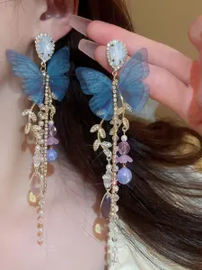 Elegant Women's Earrings, Silver Color Butterfly Design, Crystal Rhinestones & Faux Pearls, Party Jewelry Accessory, Japanese And Korean Style