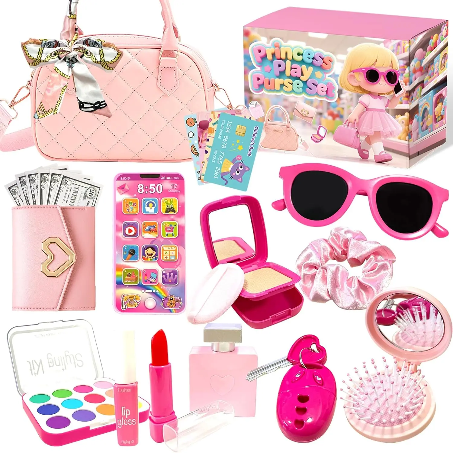 Halloween fall Gift Kids Purse Set for Girls – Princess Pretend Play Handbag with Toy Phone, Wallet, Keys & Makeup Accessories, Toddler Dress-Up Toys for Birthday, Christmas & Holiday Gifts