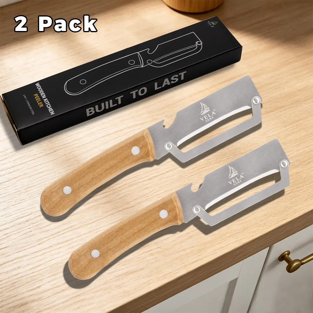 Wooden Handle Stainless Steel Vegetable Peeler 2 Pack | Built-in Bottle Opener Kitchen Tool