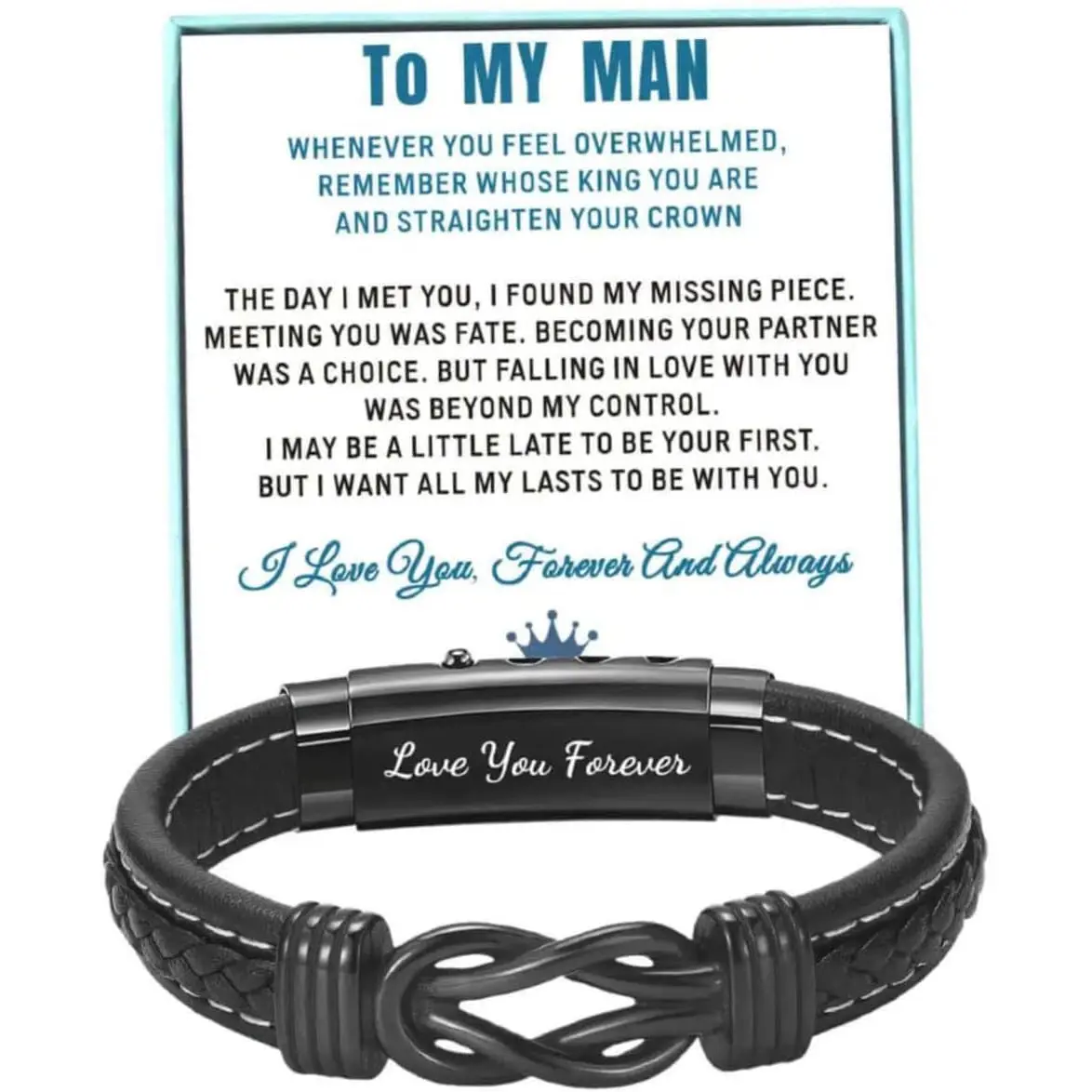 To My Man Straighten Your Crown Bracelet for Husband Boyfriend Mens Braided Leather Bracelets Valentine Birthday Christmas Gifts for Him