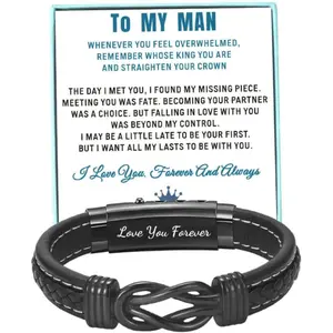 To My Man Straighten Your Crown Bracelet for Husband Boyfriend Mens Braided Leather Bracelets Valentine Birthday Christmas Gifts for Him