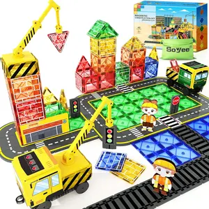Magnetic Tiles Magnetic Construction Toys with 2 Cranes Boys Toys for Ages 3-7 Magnet Building Blocks Chritmas Gifts Sensory Autism Montessori Toys Gift for 3+ Year Old