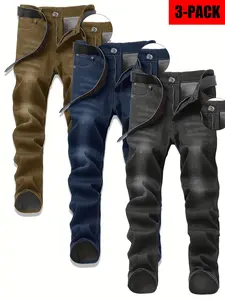 Men's Slim Fit Solid Color Old Washed Retro Casual Jeans 3 Pack, 5 Pocket Design