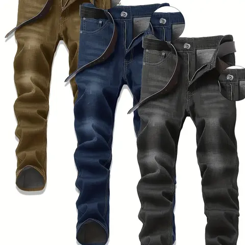 Men's Slim Fit Solid Color Old Washed Retro Casual Jeans 3 Pack, 5 Pocket Design