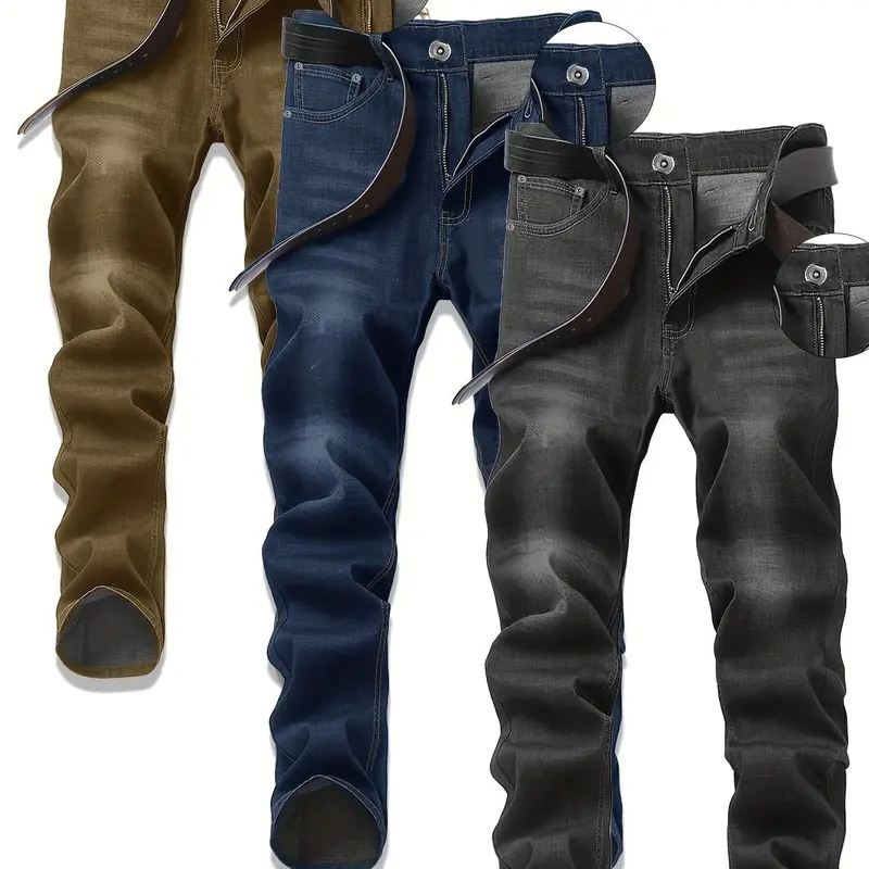 Men's Slim Fit Solid Color Old Washed Retro Casual Jeans 3 Pack, 5 Pocket Design