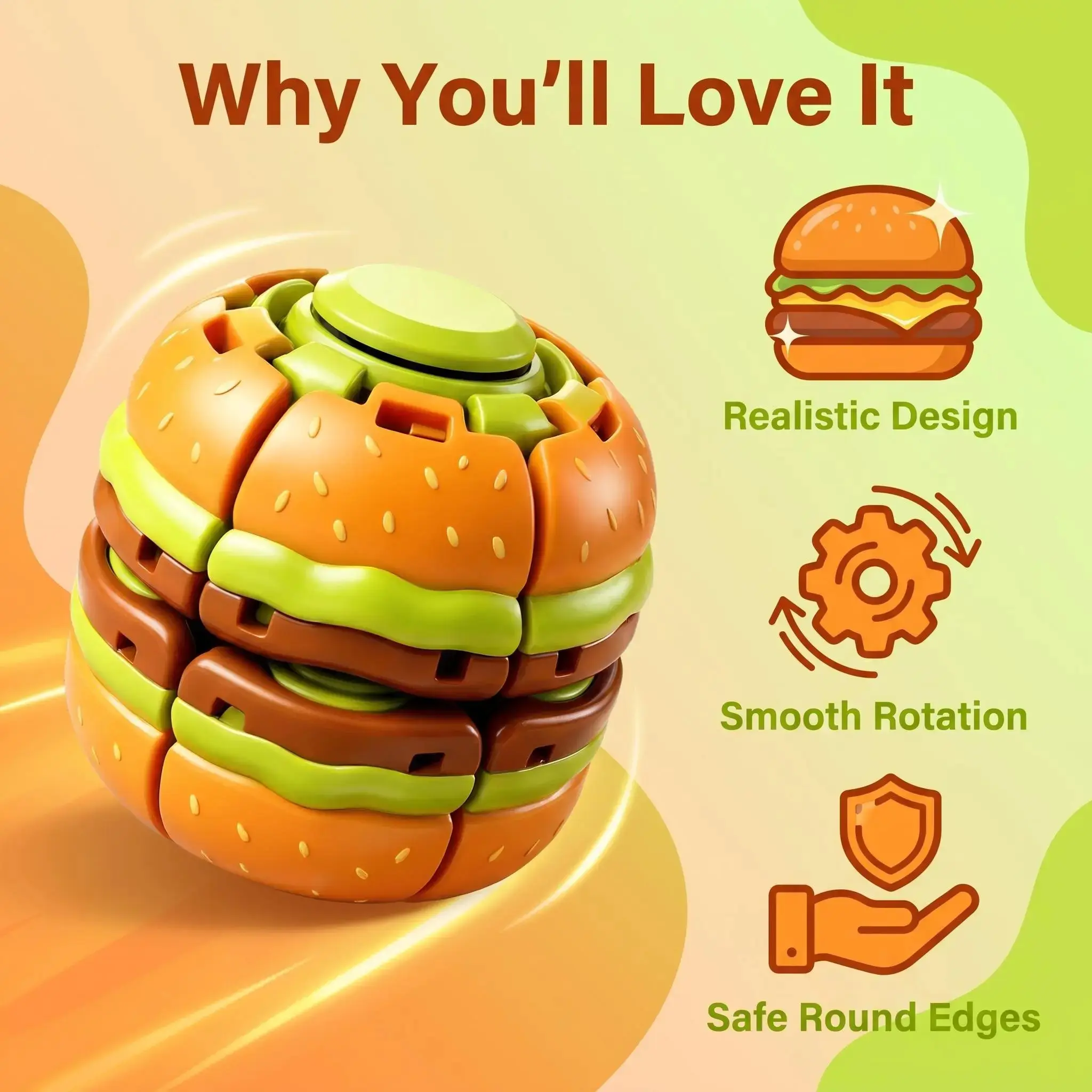 Hamburger Fidget Spinner Toy, Press-to-Spin Finger Toy, Rotating Fidget Toy, Stress Relief Sensory Toy, Novelty Desk Toy, Fun Handheld Spinner for Everyday Use