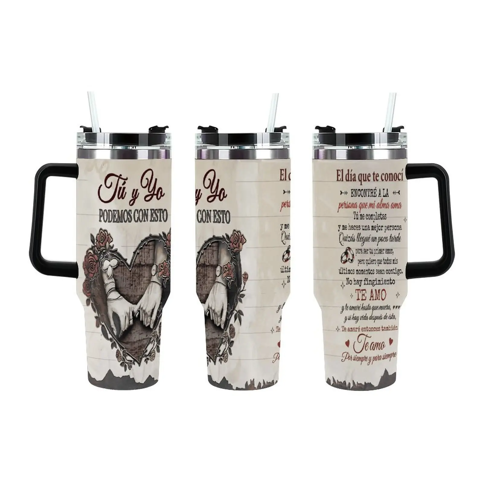 Spanish Love Quote 40oz Tumbler - "Tú y Yo Podemos Con Esto" Romantic Stainless Steel Tumbler with Handle & Straw, Couple & Valentine's Day Gift, Te Amo Insulated Cup