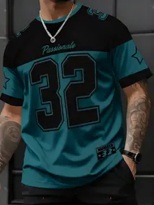 Men's Casual Round Neck Short Sleeve T-Shirt with Number Star Print Football Jersey, Sport Jersey, Fitted Long Clothing, Colorblock Style