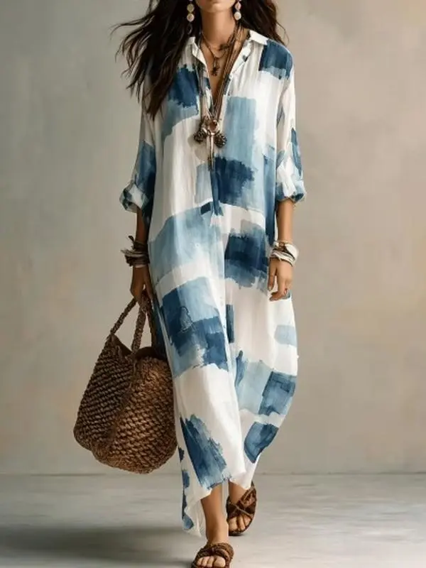 Women's Elegant Lapel Loose Long-Sleeve Maxi Dress, Made of Imitation Linen Blend Fabric, Skin-Friendly and . Versatile for Vacation, Commute and Daily Wear. Simple Design Hides Flaws and Flatters Figure. Refreshing Lazy-Style Long Dress