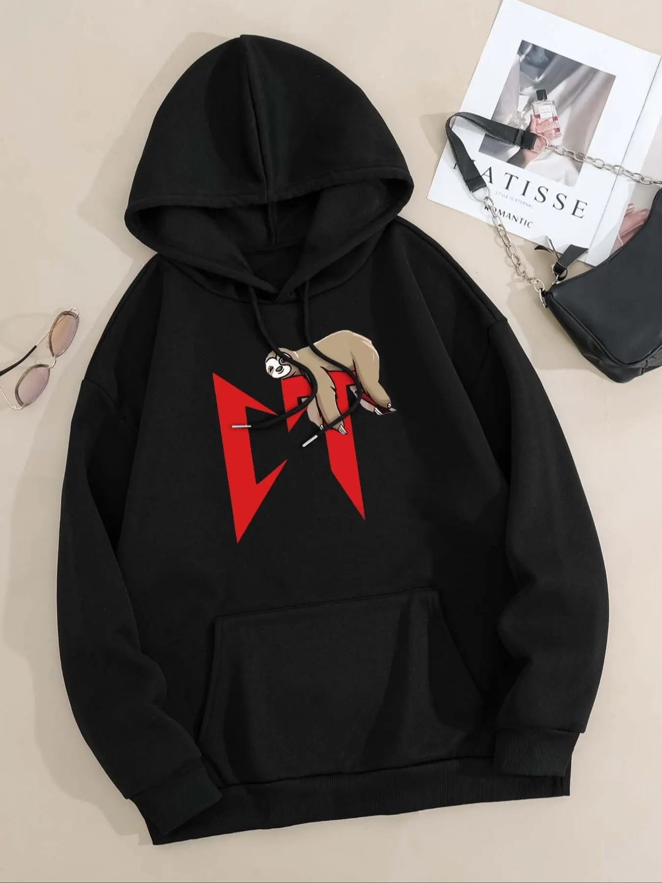Women's Letter & Sloth Thermal Lined  Pocket Drawstring Hoodie, Casual Long Sleeve Hooded Sweatshirt for Fall & Winter, Women's Clothes for Daily Wear