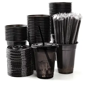 20/50 Pack 16oz Plastic Cups with Lids and Straws, Disposable Ice Coffee Cups, Portable Flat Bottom Cups for Cold Drinks, Bar Party Supplies, Convenience