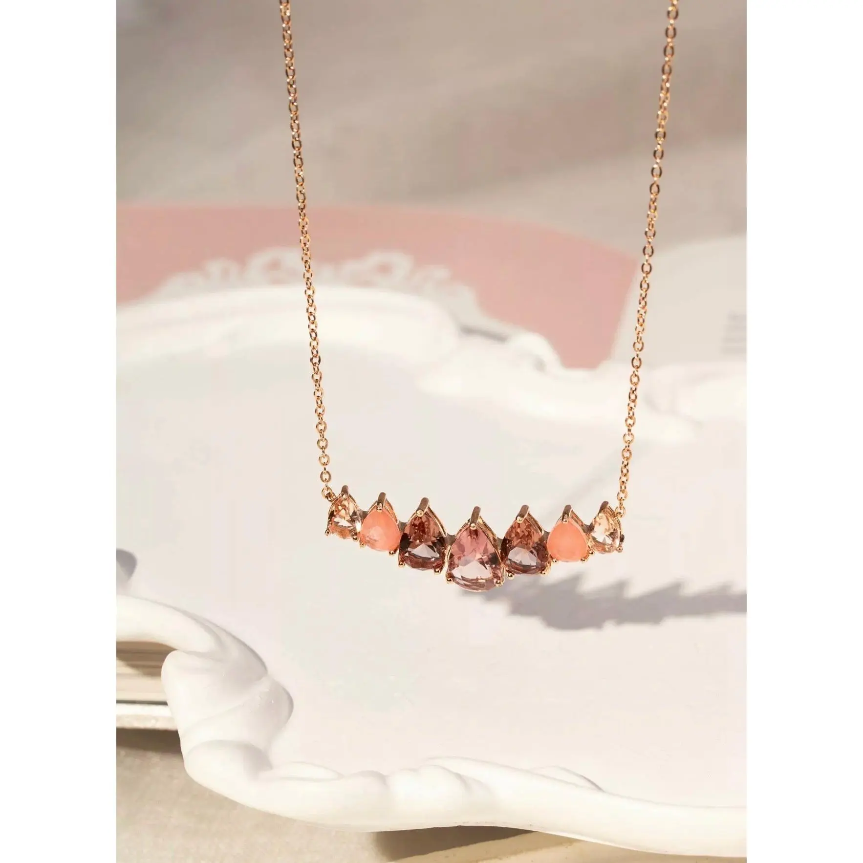 Fusion Morganite, Rhodolite & Amber Crystal Necklace – 18k Rose Gold Plated