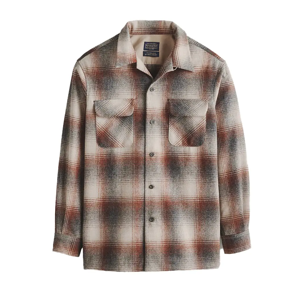 Pendleton Men's Classic Long-Sleeve Casual Collared Button-Up Wool Fabric Shirt - Red-Grey Ombre Design, 24in Length, Functional Pockets, Tall Fit