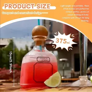 1PC 12.68oz/375ml Mini Tequila Bottle Shaped Cup With Stopper & Straw, Reusable Clear Plastic Drinkware, Novelty Cocktail Glass Ideal For Home Bar, Parties, Camping, Outdoor, Weddings & Gift For Liquor Enthusiasts
