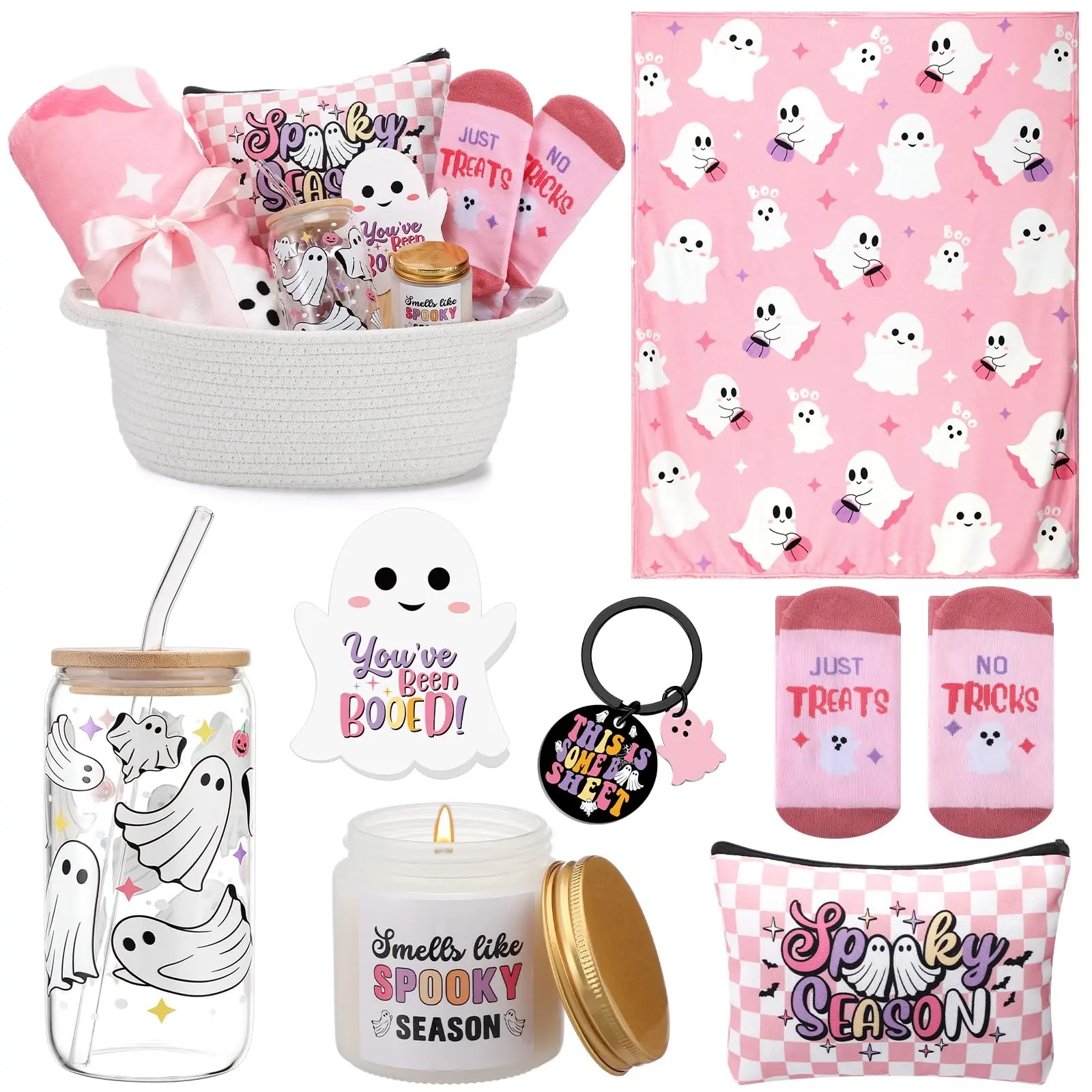 7/8Pcs Boo Basket Gifts Halloween Gifts for Women Cute Halloween Boo Basket Halloween Fall Gift Boo Basket Stuffers with Ghost Flannel Blanket Glass Tumbler Candle Keychain Novelty Socks,Halloween Spooky Gift Baskets for Adults Friends Teen Boyfriend