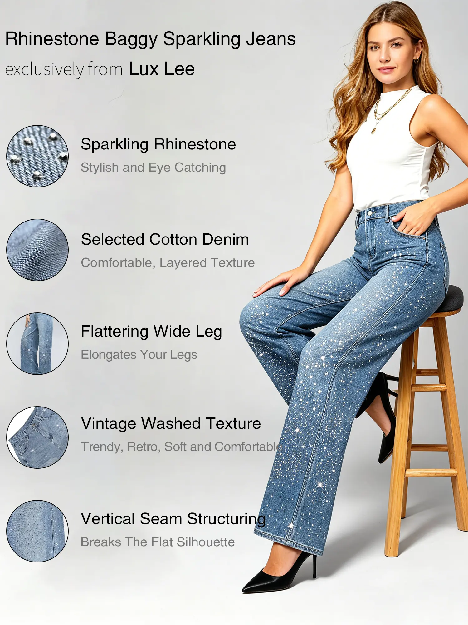 Lux Lee New Spring Sparkling Rhinestone Baggy Jeans - Stretchy High-Waist, All-Over Crystal Embellishments, Flattering Wide-Leg Silhouette, Glittery Statement Pants for Women, Non-Falling Sparkling Crystals