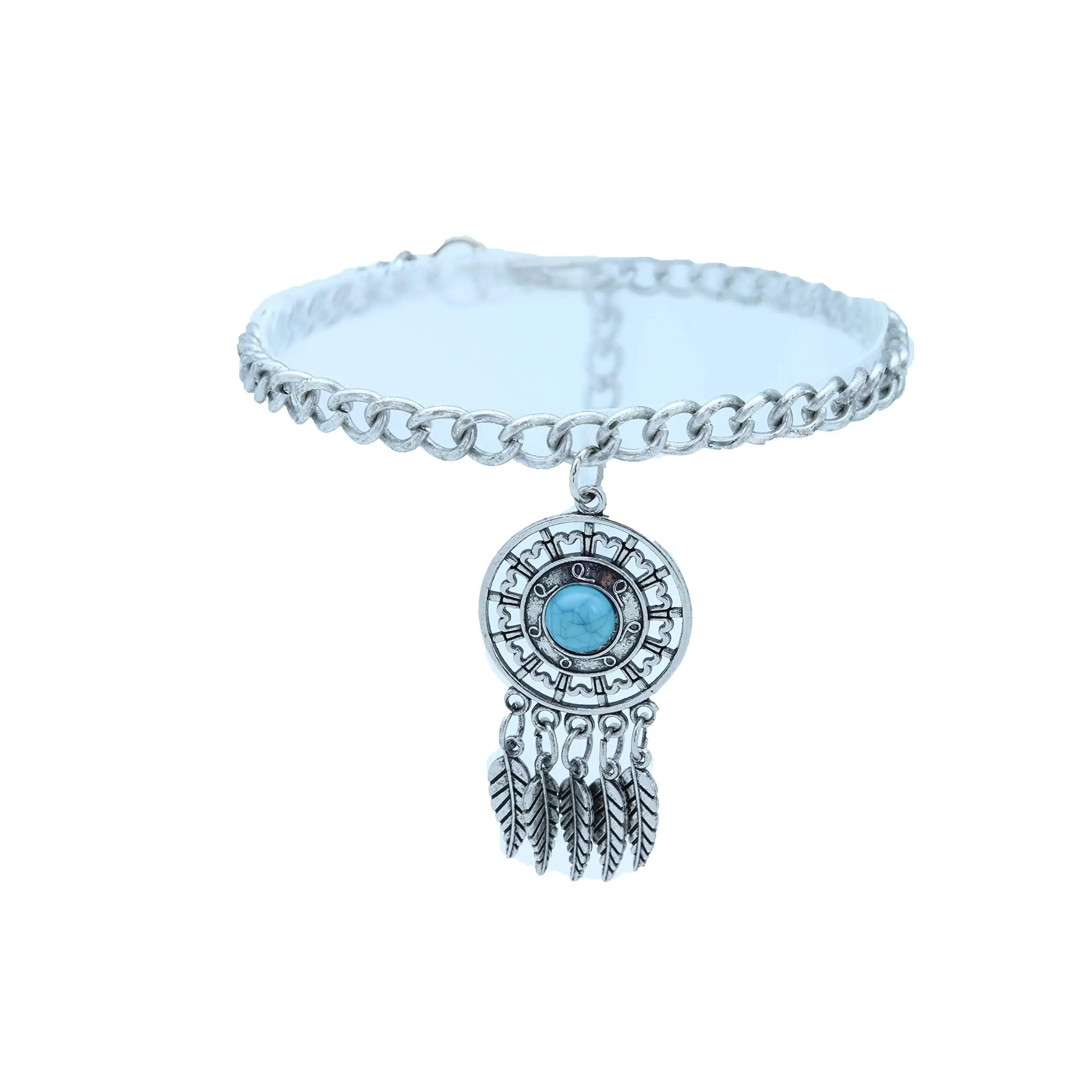 TrendyFashionJewelry TFJ Women Boot Bracelet Western Silver Metal Chain Shoe Bling Vintage Feather Antique Charm Anklet Strap Blue