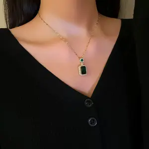LisiZen Green Square Necklace 14K Gold Plated Micro-Pave Zircon Pendant, Elegant Crystal Stud Earrings Matching Collarbone Chain Chic Fashion Jewelry Set DZXL2145 Dropnecklace