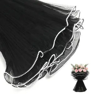 4.37 Yard Black Pearl Flower Wrapping Mesh Paper Pearls Edge Wrinkled Wavy Net Yarn for Bouquets Valentine Mother's Day Florist Supplies