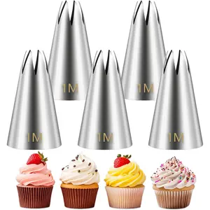 1M Piping Tips, Stainless Steel Large Star Piping Tips Set, Cupcake Pastry Tips for Cookie and Cake Decorating, DIY Cream, 5 Pieces Bakeware