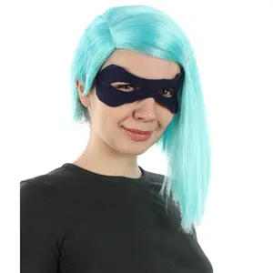 HPO Adult Women’s Superhero Animated Movie Shoulder-length Side-parted Turquoise Wig with Mask, Perfect for Halloween, Flame-retardant Synthetic Fiber