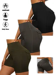 3 Piece Set Women's High Waist Abdomen Control Cargo Bike Shorts, Multi-Pocket Running Outdoor Gym Shorts, Sports Yoga Shorts, Fitness Workout Shorts
