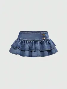 Y2K Trendy Women's High Waist Denim Mini Skirt, Vintage Washed Two-Layer Ruffle Design Fit, Perfect for Streetwear & Parties