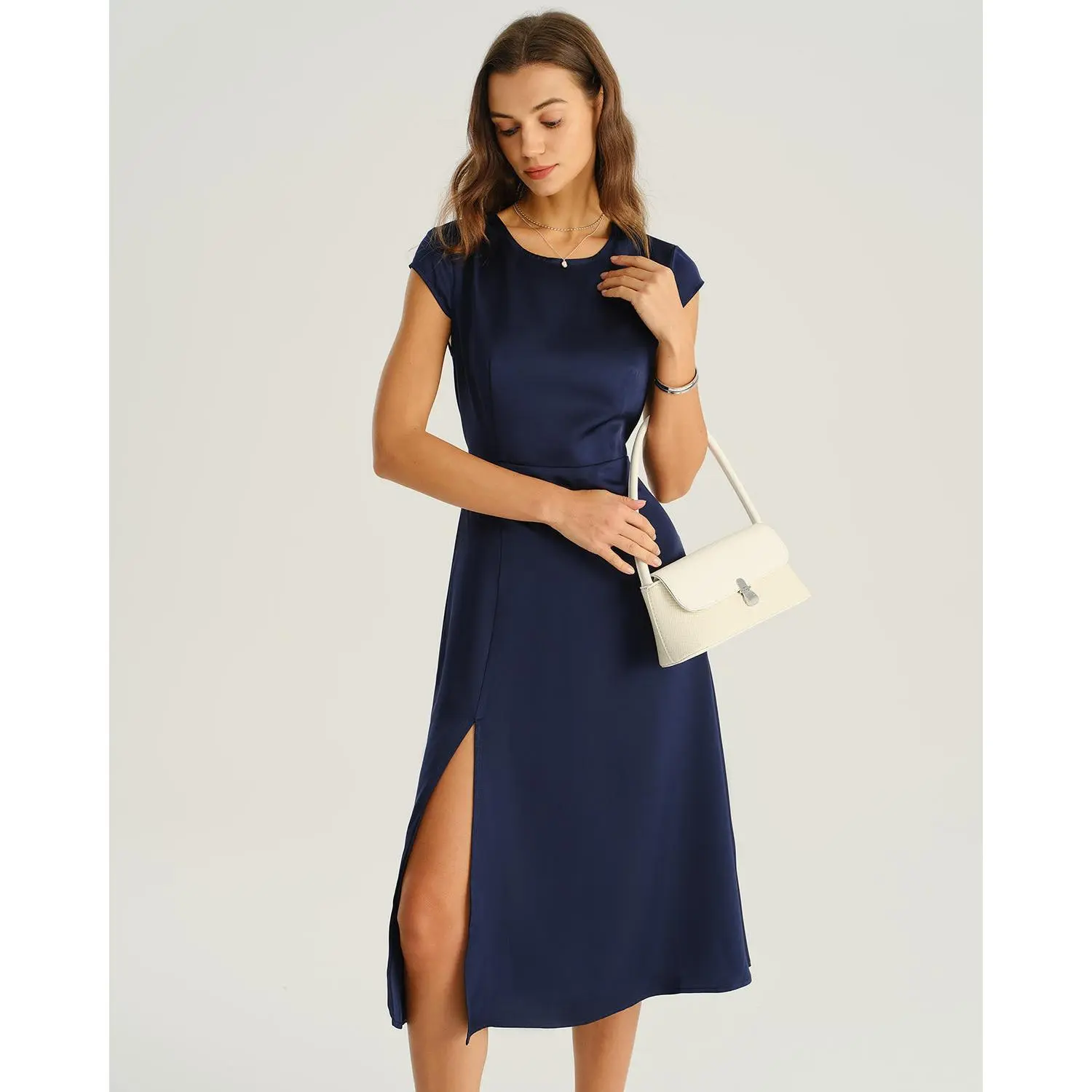 rihoas Women's Navy Satin Polyester Short-Sleeve Waisted Cut-Out Slit Midi  Dress with Zipper - TikTok Shop