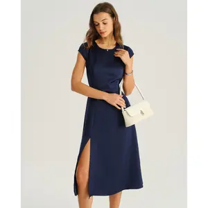 Rihoas Women's Elegant Casual Wear Navy Solid Polyester Round Neck Cap-Sleeve Waisted Cut-Out Slit Midi Dress with Zipper, Premium Fabric