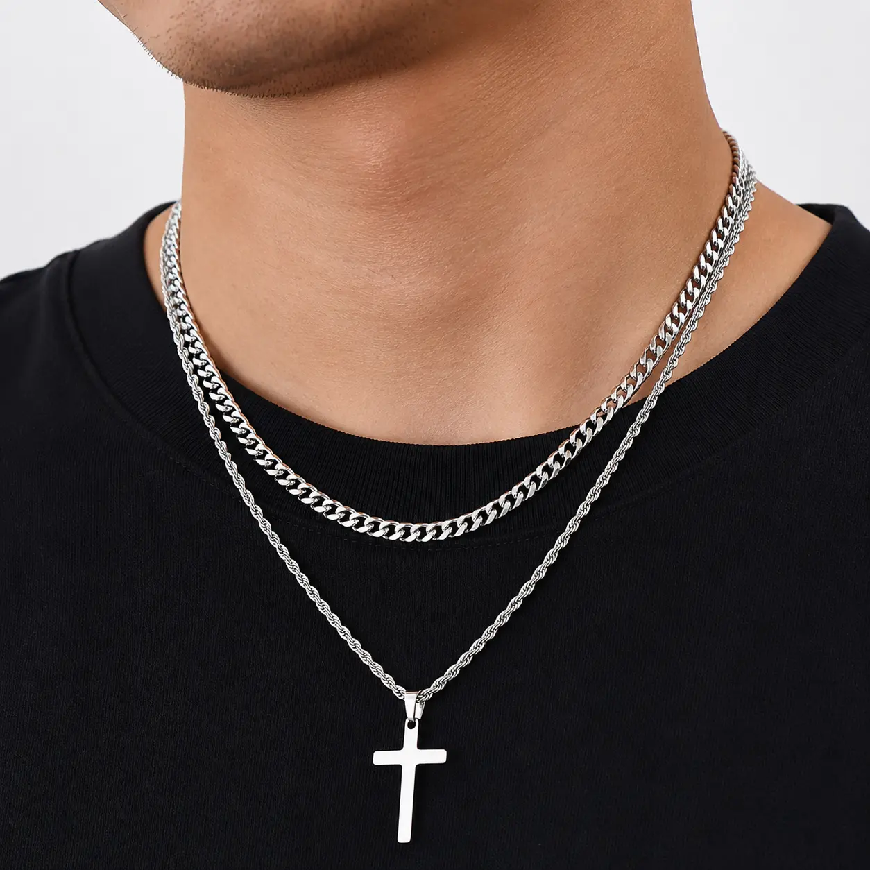 2pcs/set Hip Hop Style Cross Necklace, Stainless Steel Silver Cross Pendant Necklace, Trendy Simple Layered Chain Jewelry, Religious Christian Style Stackable Necklace Gift for Men