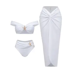 White Gold Star Flattering Off Shoulder Bikini Set 3 Piece High Waisted Tummy Control Swimsuit with Cover Up Skirt Snatched Waist Beach Honeymoon Vacation Outfit for Midsize Curvy Women cheeky Women's Slimming rash guard tankini suit