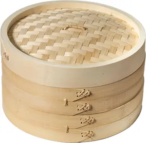 Bamboo Steamer Basket - 2-Tier Dumpling Steamer - Bamboo Steamer 10 Inch for Cooking Dim Sum, Momo, Rice - Chinese Steamer Basket