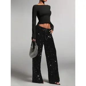 Women's Pants with Elastic Waistband, Bow Tie Design, Sequins Detailing, Stylish Long Trousers for Casual Wear