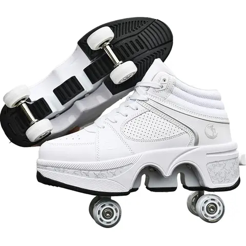 Yousulun Roller Skates 2-in-1 Retractable Deformation Wheels, Double Row Design, Breathable Comfortable Shoes for Indoor Outdoor Skating, Adjustable Lacing, Unisex Adults, Ideal Gift