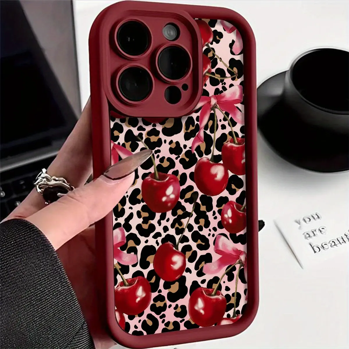 A Burgundy High Bamboo Leopard Print Cherry Pattern Phone Case, Shockproof Mobile Phone Protective Cover, Suitable for Iphone 11 12 13 14 15 16 Pro Max Pro Plus Series - a Stylish And Creative Design New Phone Case.