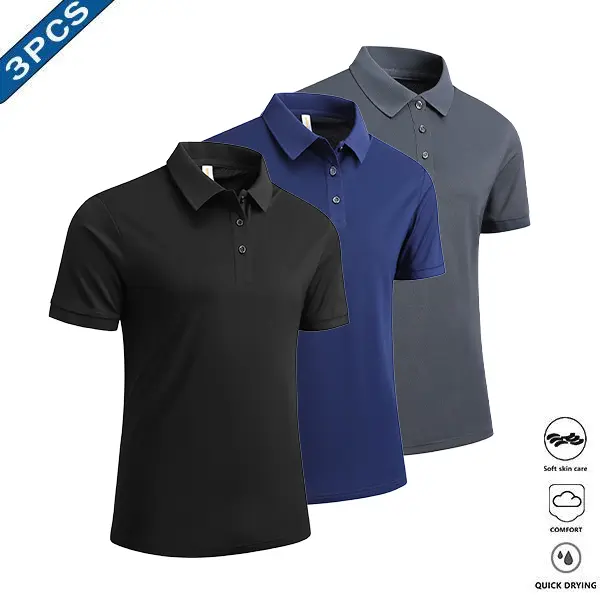 Men's 3-Piece Button Collared Neck Fitted Short-Sleeve Polo Shirts Set - Skin-Friendly Quick Dry Menswear Tops for Everyday, Smart Casual Wear,sohochic