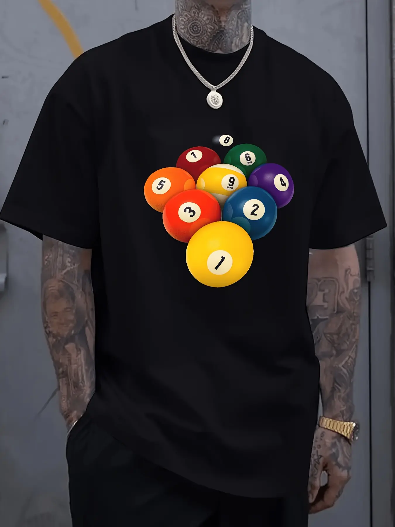 Men's Short-Sleeve Round-Neck Polyester T-Shirt - Casual Streetwear with Billiard Balls Pool Game Design, Gift for Pool Enthusiasts, Summer Party Top, Plus Sizes Available, Shortsleeve