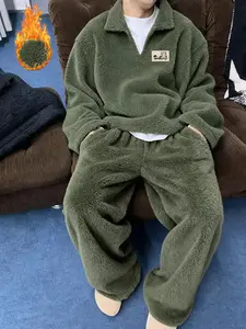 Soft Shaggy Fleece Tracksuit for Men | Warm Fuzzy Collared Pullover & Elastic Waist Pants | Forest Green CozyCore Winter Outfit | Premium Bear Patch Casual Loungewear