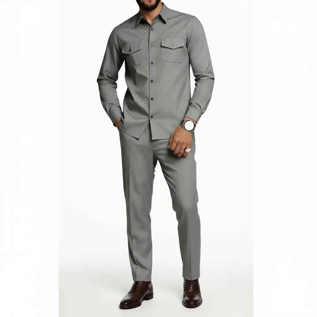 Men's Plain Regular Fit Set, Casual Minimalist Menswear with Long Sleeve Lapel Shirt and Straight Leg Polyester Trousers, Casual Matching Set, 100% Polyester, Stretch Fabric