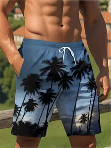Men's Tropical Palm Tree Print Quick-Dry Swim Shorts - Adjustable drawstring waistband lightweight beach shorts, machine washable regular style casual swimming summer vacation set Swimwear Shorts