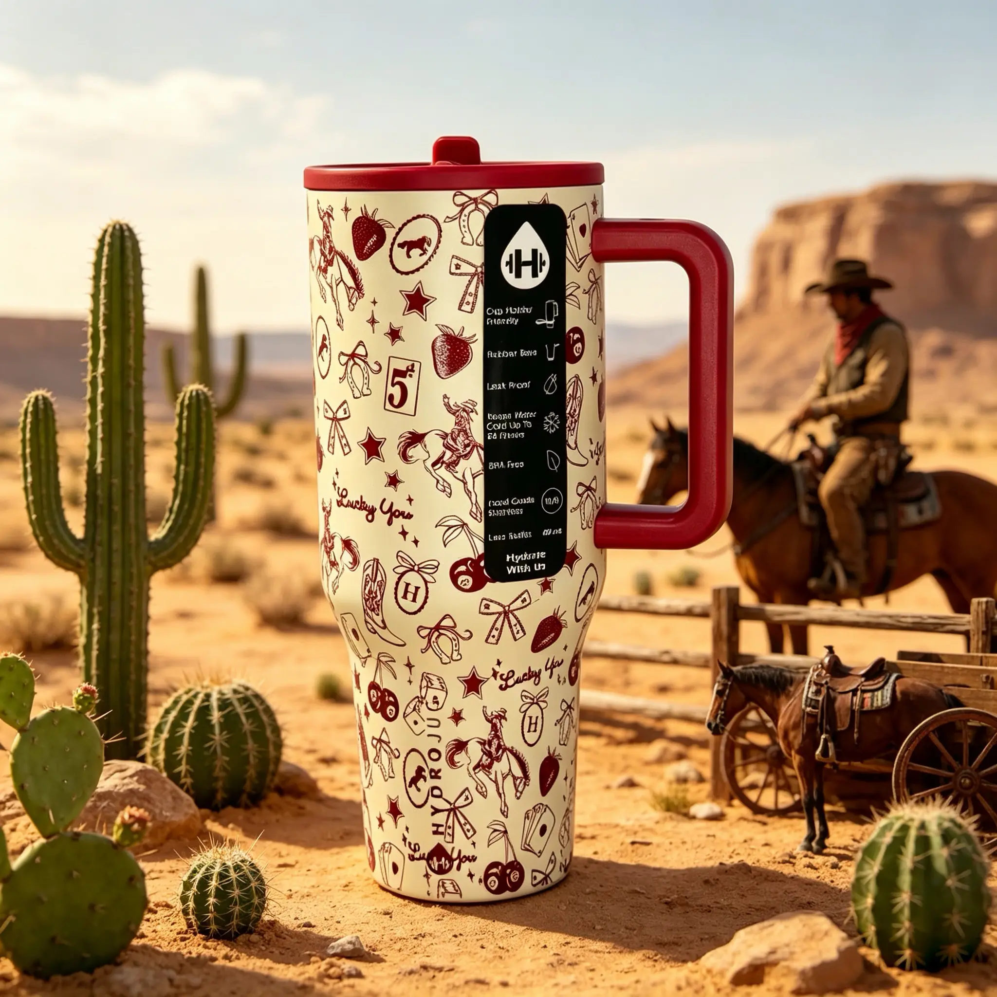 HydroJug 40oz Insulated Stainless Steel Flask Tumbler - Western Cowboy Print, Handle, Leakproof Straw Lid, Portable Sturdy Kitchenware Drinkware for Iced Coffee, Smoothies