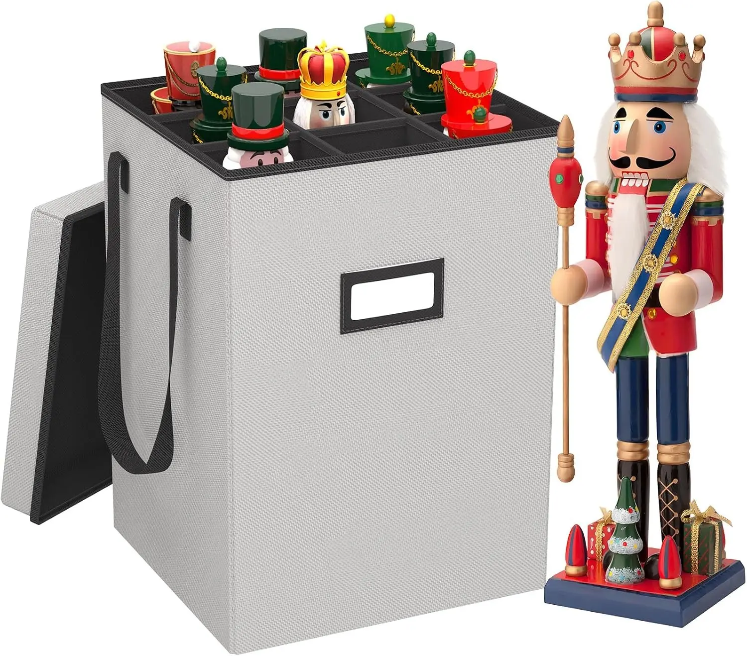 Christmas Nutcracker and Figurine Collectible Storage Box, Christmas Storage Box Ornaments up to 9-16" , Holiday Christmas Decor Organizer with Adjustable Dividers, Nutcracker not Included(Gray)