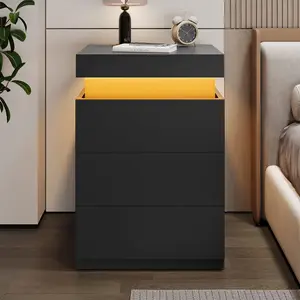 Sikaic Modern Nightstand with LED Lights & Charging Station Black 15.8"D x 17.7"W x 26.8"H Sliding Top Drawers for Bedroom & Living Room