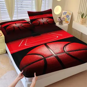 3Pcs Basketball Print Fitted Sheet Set, Sport Bed Sheet Set, Basketball Court Pattern, Deep Pocket Fitted Sheet with 2 Pillowcases, Soft Breathable Microfiber, Wrinkle Resistant, For Boys Teens Bedroom, All Season Use